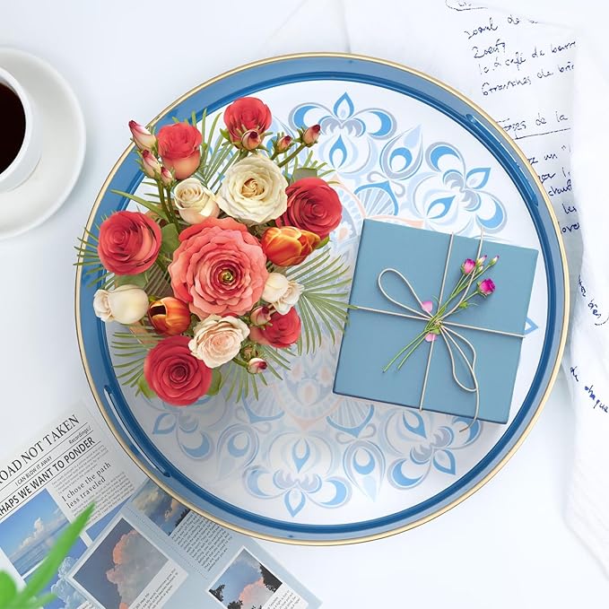 Round Blue Decorative Tray for Coffee Table, Ottoman, 13” Plastic Serving Platter Tray with Handles for Entertaining, Living Room