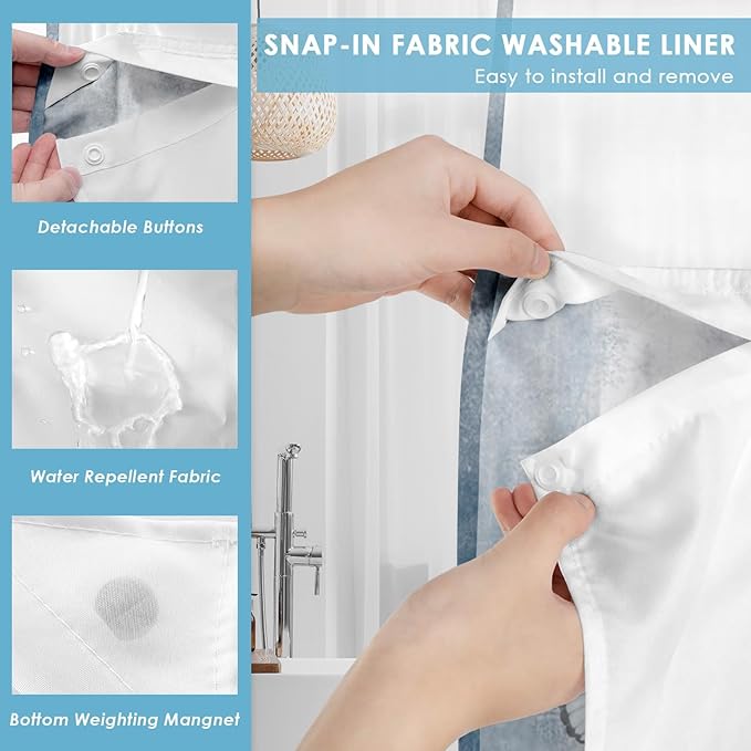 No Hook Rustic Farmhouse Shower Curtain with Snap in Fabric Liner Set, Blue Daisy Flowers and Butterfly on Country Wooden Double Layers Waterproof with See Through Top Bath Curtain 71x74 Inch