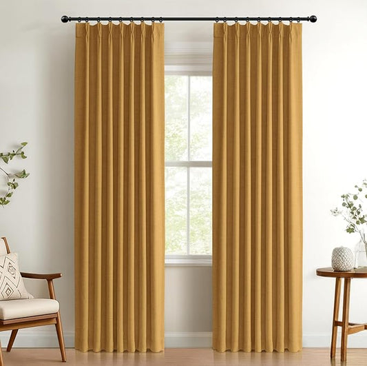 100% Blackout Shield Linen Look Textured Pinch Pleated Curtains Blackout Drapes 108 Inch Long 2 Panels Set, Faux Linen Blackout Curtains for Bedroom & Living Room, 40" W x 108" L, Mustard Yellow