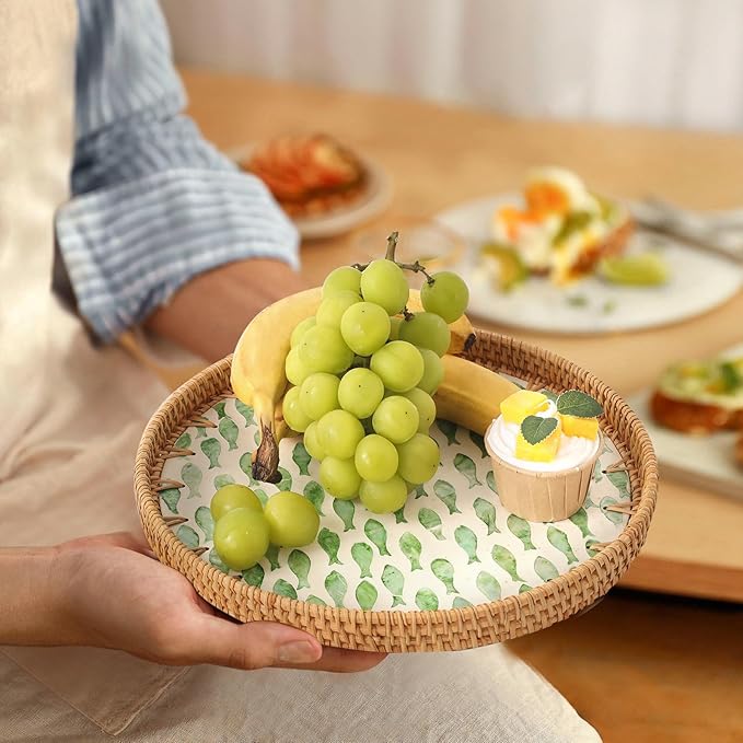 Round Rattan Tray with Mother of Pearl Inlay, Rattan Serving Tray for Coffee, Bread, Fruits, Decorative Wicker Tray for Table Decor, Home Decor, Kitchen Island Decor (Round Green Fish, 11.8")