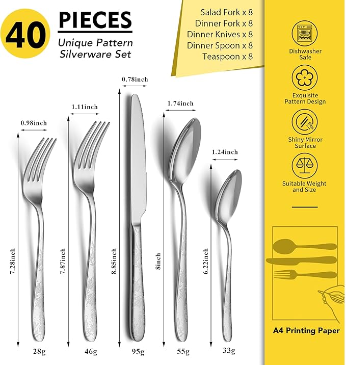 40 Piece Silverware Set, Service for 8, EIUBUIE Premium Stainless Steel Cutlery Set, Mirror Polished Flatware Sets with Pattern Handle, Modern Kitchen Eating Utensils Sets