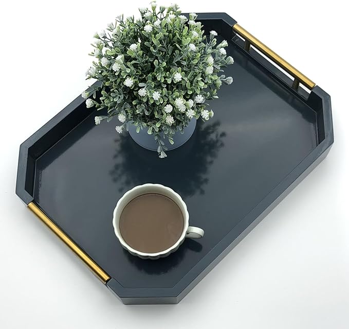 Serving Tray with Polished Metal Handles, Hexagon Coffee Table Tray, Modern Rectangle Decorative Tray, Large Ottoman Tray, Perfect for Storage and Display (Blue Rectangle)