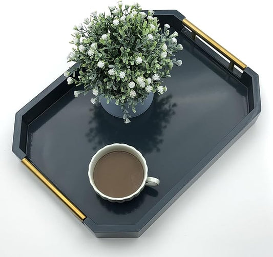 Serving Tray with Polished Metal Handles, Hexagon Coffee Table Tray, Modern Rectangle Decorative Tray, Large Ottoman Tray, Perfect for Storage and Display (Blue Rectangle)