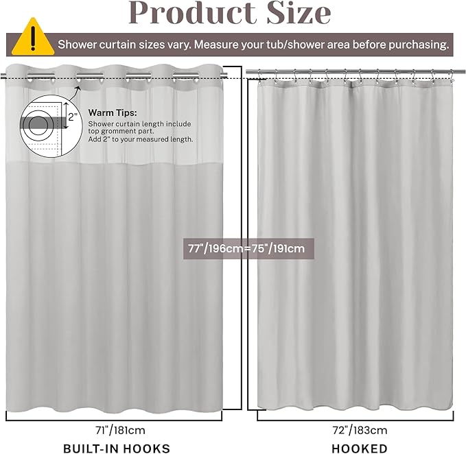 No Hook Slub Textured Shower Curtain with Snap in Liner - Grey Fabric Outer Curtain & Waterproof Inner Liner, Hotel Style with See Through Top Window, 71x77 in