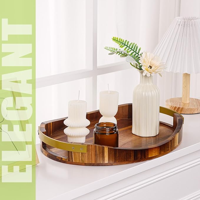 Acacia Wood Serving Tray with Metal Handles– 16"x13"x2", Large Wood Display Tray, Decorative Ottoman Tray for Living Room, Coffee Table for Breakfast, Food, Cookie, Dessert, Fruit, Snack