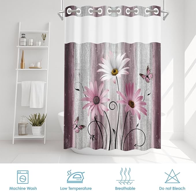 No Hook Flower Daisy Shower Curtain with Snap in Fabric Liner Set, Pink Rustic Farmhouse Double Layers Waterproof Fabric with See Through Top Window Open Grommet Bath Curtain 71x86 Inch