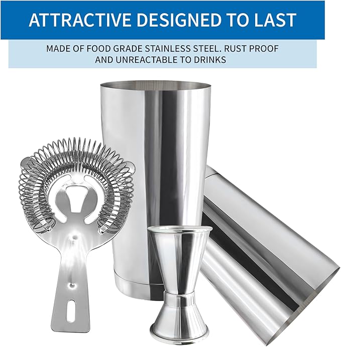 Boston Cocktail Shaker Bar Set, Weighted Boston Shaker Tins, Bartender Kit with 18oz & 28oz Mixed Drink Shaker, Hawthorne Strainer, Double Measuring Jigger - Silver
