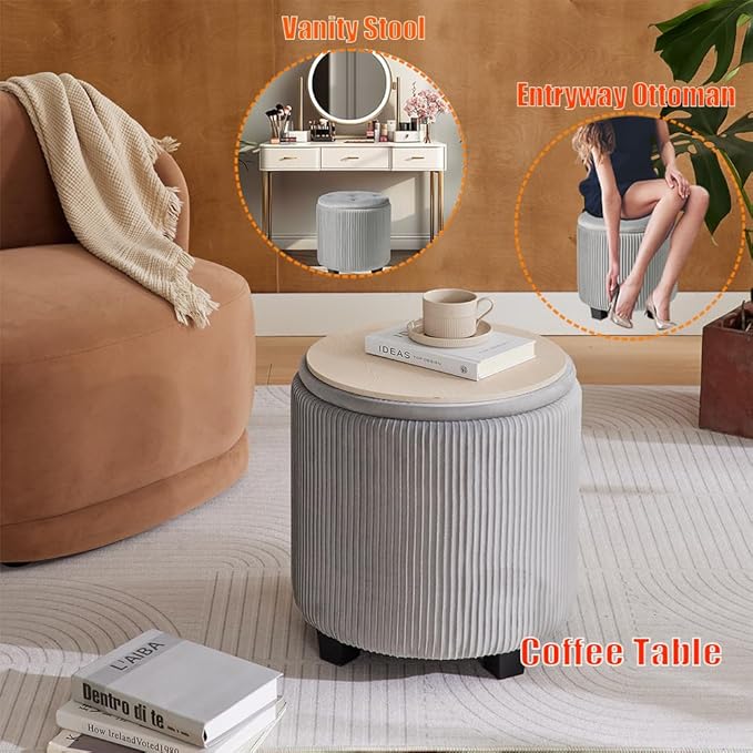 Big Round Ottoman with Storage Set of 2,Upholstered Velvet Vanity Stool for Makeup Multifunctional Foot Rest Coffee Table Padded Seat Tufted Ottomans for Living Room&Bedroom (Grey)