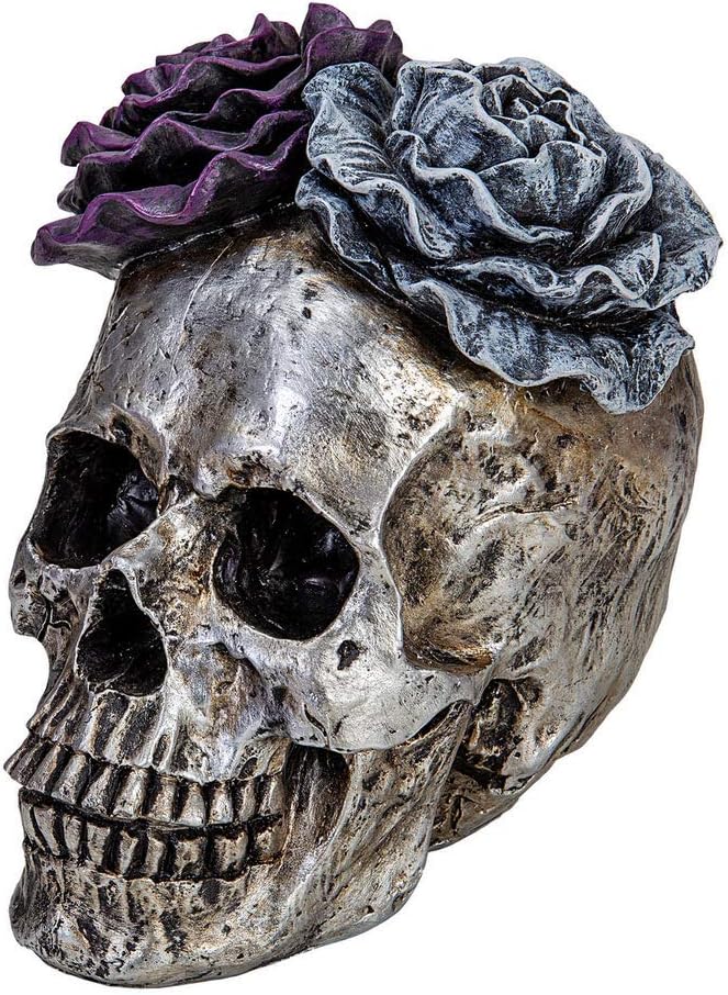 WENYLE Halloween Skull Statues Home Decor Day of Dead Purple Grey Rose Silver Skull Resin Figurine Flower Skull Decor 7.25" L
