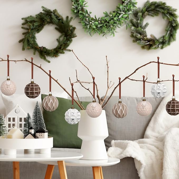 Syhood 24 Pcs Neutral Textured Christmas Ball Ornaments 2.4 Inch Vintage Xmas Tree Decorations Rustic Distressed Xmas Baubles Antique Farmhouse Modern Christmas Decor for Tree Home (Earth Tones)