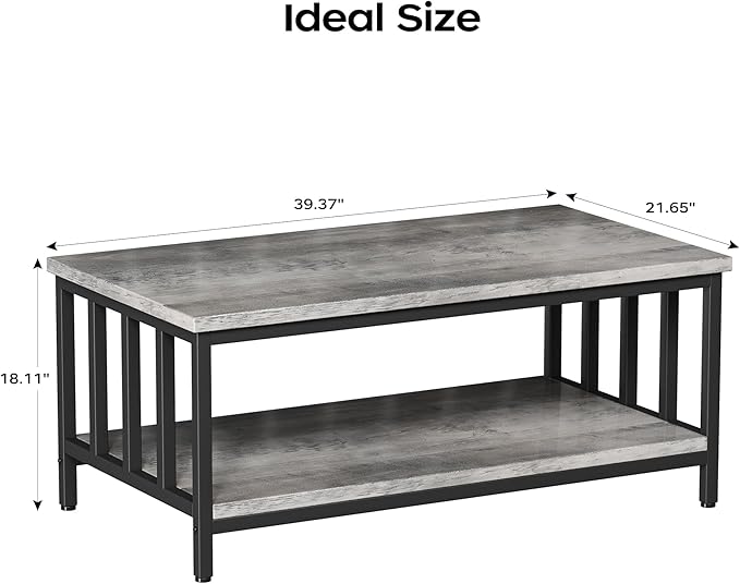Homeiju Coffee Table for Living Room with Slatted Sides Frame, Modern Farmhouse Living Room Table with 2-Tier Storage Shelf for Home Office, Apartment, 39 inch Grey Wash