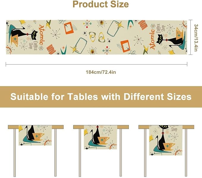 Mid Century Modern Table Runner, Retro 1950s 60s Abstract Style Colorful Black Cat Geometric Atomic Star Coffee Table Center Decor for Home Kitchen Dining Patio Holiday Party Decorations 13x72 inches