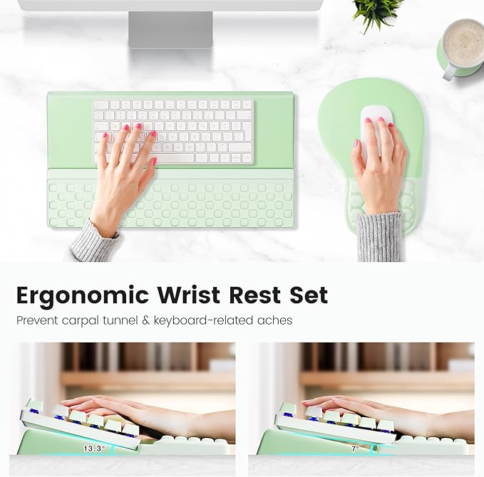 Ospelelf Ergonomic Mouse Pad and Keyboard Stand Wrist Rest Set, Memory Foam Comfort, Pain Relief for Typing, Office Desk Accessories, Green