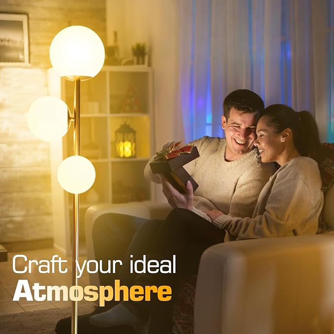 Mid Century Gold Floor Lamp,Dimmable LED Brass Floor Lamp Touch Control with Remote,Vintage Modern 3 Globe Standing Lamp for Corner,Living Room,Bedroom