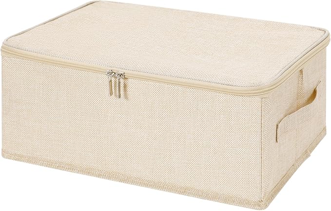 ANMINY Storage Bins with Zipper Lids 13 Qt Lidded Fabric Storage Boxes Baskets Cubes with Handles Collapsible Washable Cotton Linen Closet Shelf Clothes Organizer Containers - Beige, Small