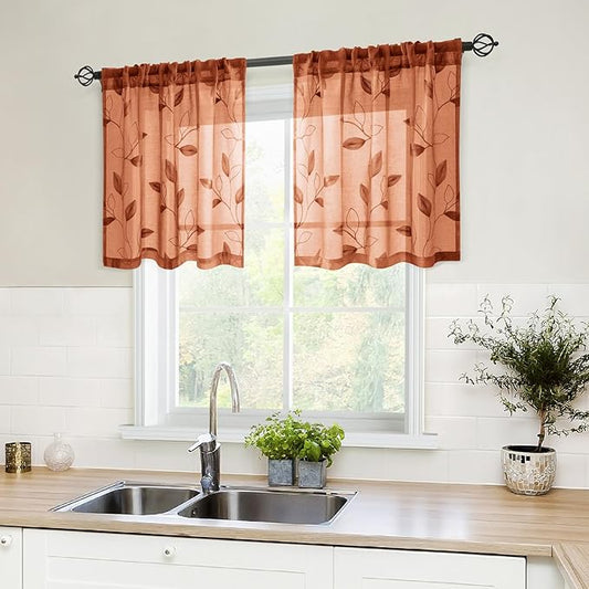 HOMEIDEAS Fall Burnt Orange Sheer Kitchen Curtains 30 X 24 Inch Length 2 Panels Embroidered Leaf Pattern Short Curtains for Small Window Valance Tiers