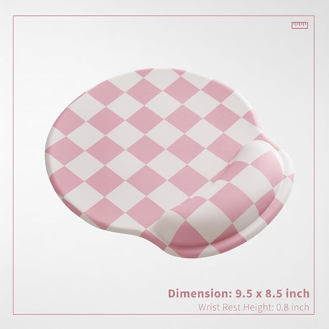 Pink Checkered Mouse Pad with Gel Wrist Rest, Wrist Support, Ergonomic Desk Accessories for Girls Women, Office Laptop Gaming Decor, Cute Aesthetic Trendy Check Design