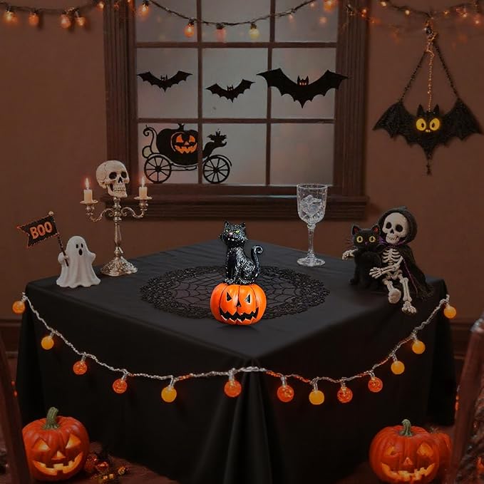 Halloween Decor Mini Resin Pumpkin Cat Figurine - Cute Desktop Decor for Home, Office, Mantle, Shelf Sitter Decorations Gift