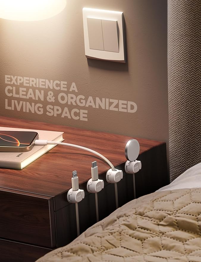 8Pack Cord Organizer [Dual Spring & Clasp] [Max Stability] Cable Clips, Chfeila Cord Holder, Desk Cable Management, Adhesive Wire Organizer for Home Office Desktop Nightstand Car Table Wall - White