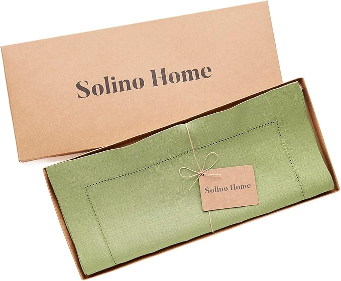 Solino Home Linen Moss Green Table Runner 144 Inches Long - 100% Pure Linen Extra Long Table Runner 14 x 144 Inch for Fall, Autumn, Thanksgiving - Classic Hemstitch