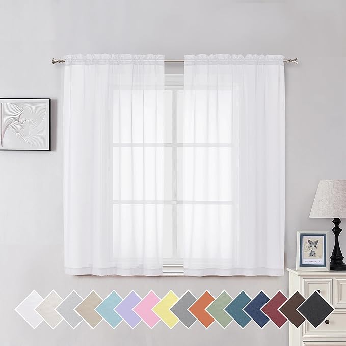 Aiyufeng White Sheer Curtains 54 inch Length Living Room Short Voile Drapes Solid Sheers Cafe Curtains Voile Bathroom Small Window Curtain 2 Panels Set, Rod Pocket, 40" Wx54 L