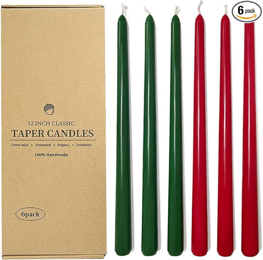 12 Inch Taper Candles 6 Pcs Unscented, Smokeless, Dripless Long Tapered Candlesticks Candles for Christmas Birthday Dinner Wedding Party Home Decor