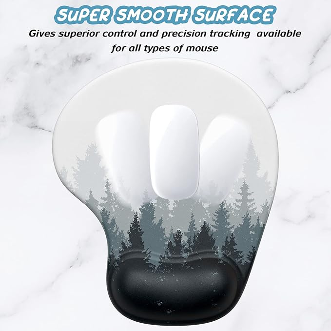 Hsurbtra Ergonomic Mouse Pad with Wrist Rest Support, Gel Mouse Pads with Non-Slip PU Base, Pain Relief Memory Foam Computer Mat, Cute Office Supplies Desk Decro Accessories, White Forest
