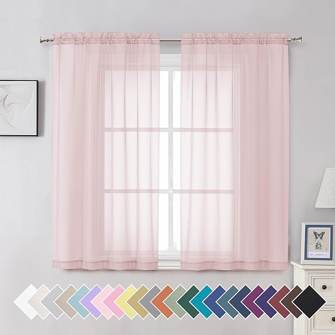 Aiyufeng Blush Pink Sheer Curtains 54 Inch Length 2 Panels Set, Light Filtering Airy Rod Pocket Light Pink Window Curtain Treatment Drapes for Kitchen Bedroom Living, Each 42Wx54L Inches