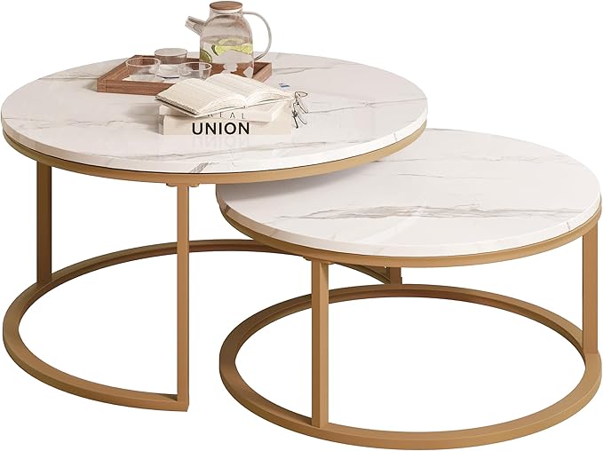 WiberWi Round Coffee Table Nesting Tables Set of 2, Large : Ø 34.0", Small : Ø 26.0", Modern Design Coffee Tables for Living Room, Gold Metal Frame Circle Cocktail Table, High Glossy Faux White Marble