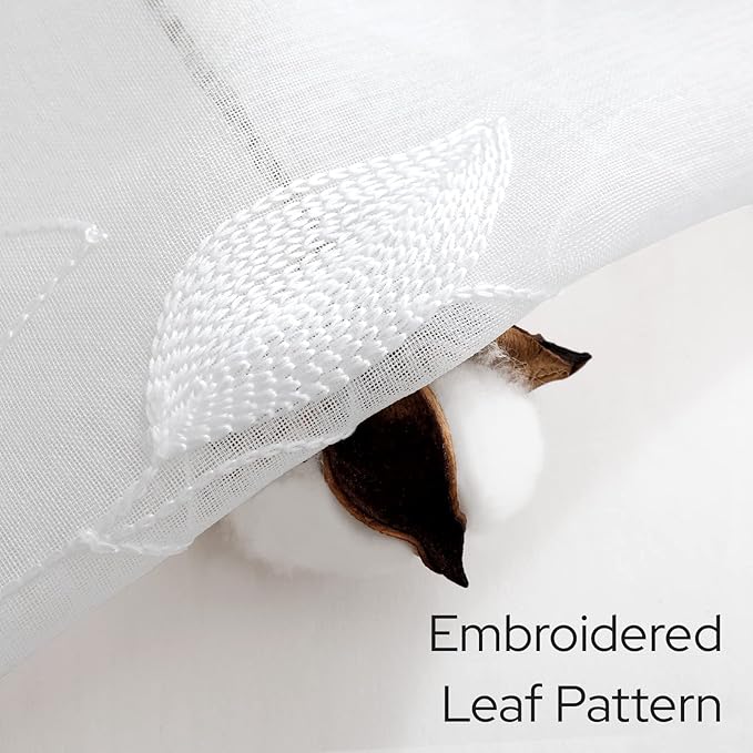 HOMEIDEAS White Sheer Kitchen Curtains 30 X 36 Inch Length 2 Panels Embroidered Leaf Pattern Short Curtains for Small Window Valance Tiers