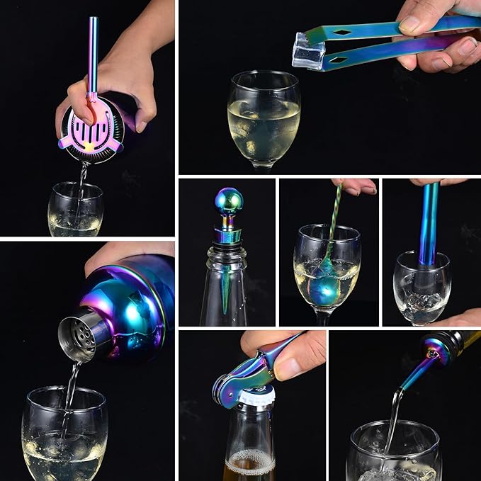 Bartender Kit with Stand, 12-Piece Bar Set | 24oz Cocktail Shaker Set for Drink Mixing, Martini Shaker Set with Bar Tools, Recipes Booklet | Fun Housewarming Gift (Rainbow)
