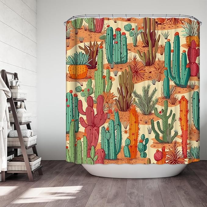 Domoku Multicolor Desert Cactus Shower Curtain Set - Western Prickly Shower Curtain, Southwest Plant Tropical Desert Style, Waterproof Fabric with 12 Hooks, 72 x 72 inches