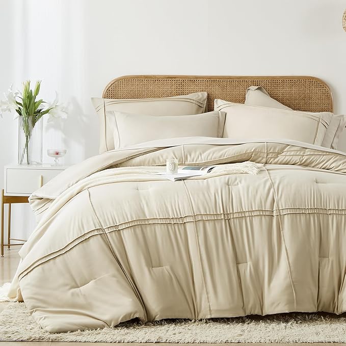 Yogeneg King Size Comforter Set 7 Piece Bed in a Bag,Grid Pinch Pleat Beige Bedding Set,Striped Textured Soft Microfiber Comforter with Sheet Set,All Season Complete Bed Set(Beige,King)
