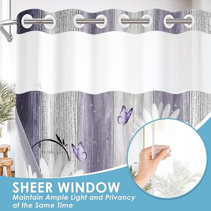 No Hook Flower Daisy Shower Curtain with Snap in Fabric Liner Set, Purple Wooden Boards Double Layers Waterproof Fabric with See Through Top Window Open Grommet Bath Curtain 54x80 Inch