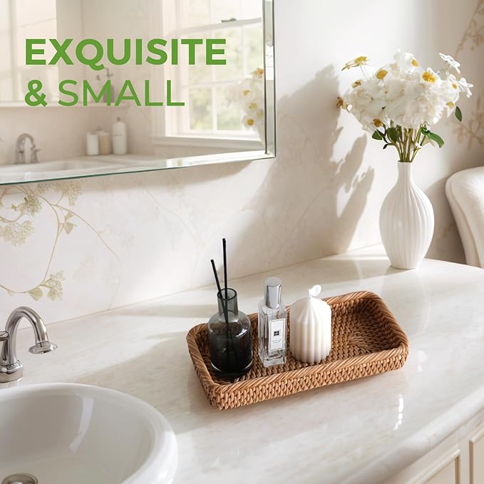 Small Rattan Serving Tray, Natural Wicker Decorative Tray for Trinket Ring Cosmetic, Rectangular Keys Basket Jewelry Perfume Trays for Coffee Table Entryway Living Room(10" × 5.1")