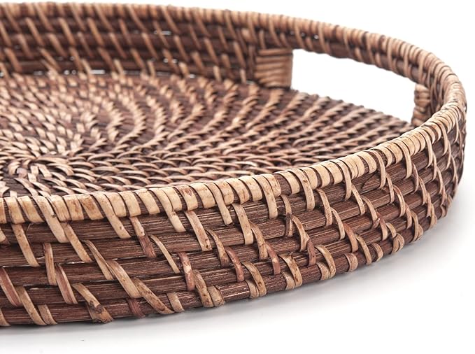Round Rattan Woven Serving Tray with Handles Ottoman Tray for Breakfast, Drinks, Snack for Coffee Table, Home Decorative (11"x1.6", Honey Brown)