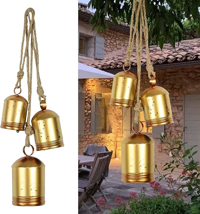 Styleonme Decorative Bells, Christmas Bells, Metal Indoor and Outdoor Blessing Bells, 3-Piece Set of Harmonious Bells, Vintage Handmade and Rustic Lucky Christmas Bells Hanging on a Rope
