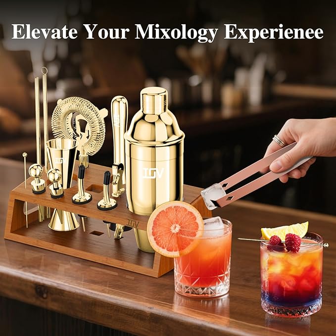 IOV Cocktail Shaker Set Bartender Kit with Stand | Bar Set Drink Mixer Set Includes Martini Shaker, Jigger, Strainer, Mixing Spoon, Muddler, Recipe Book | Home Bar Accessories Gift Set (Gold)