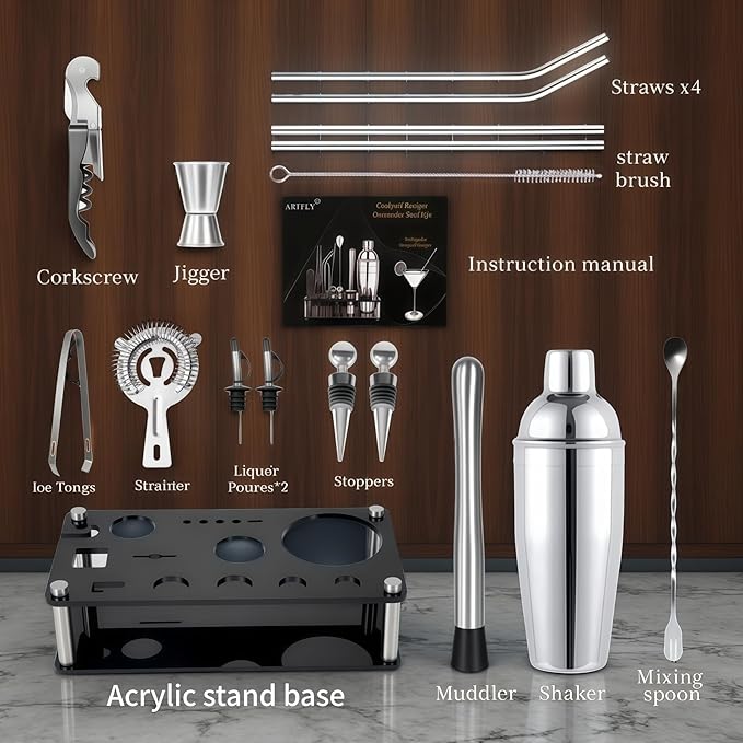 18-Piece Professional Cocktail Shaker Set and Bartender Kit with Stand, Stainless Steel Bar Tools Gift Set with Muddler, Jigger, Mixing Spoon for Home Bar and Mixology