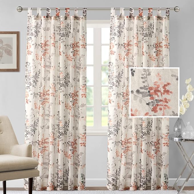 H.VERSAILTEX Linen Sheer Curtains for Living Room Sheer Panels 84 Inches Long Light Filtering Tab Top Window Treatment Drapes for Bedroom, 2 Panels, Vintage Classical Floral Print Coral and Taupe