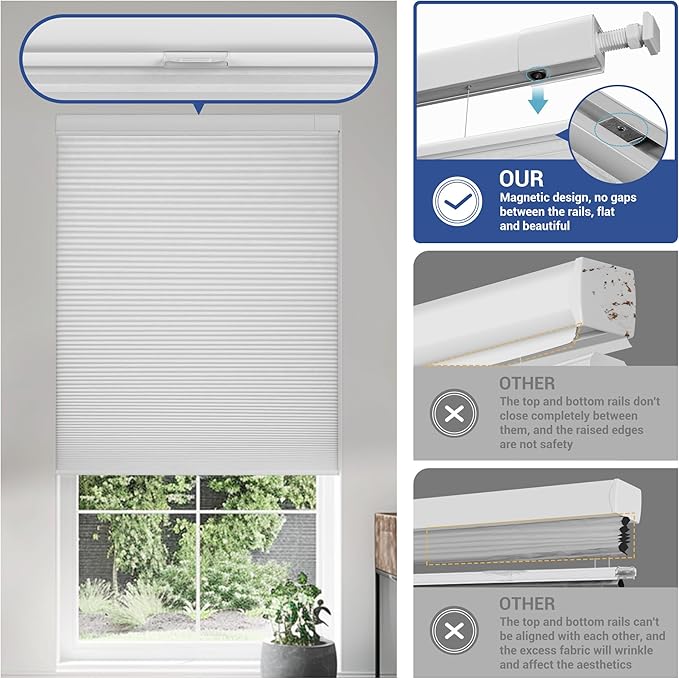 No Drill No Tools Cellular Shades Top Down Bottom Up Blackout Blinds for Windows Cordless Honeycomb Window Shades Easy to Install for Home,Blackout-White,33" W x 48" H