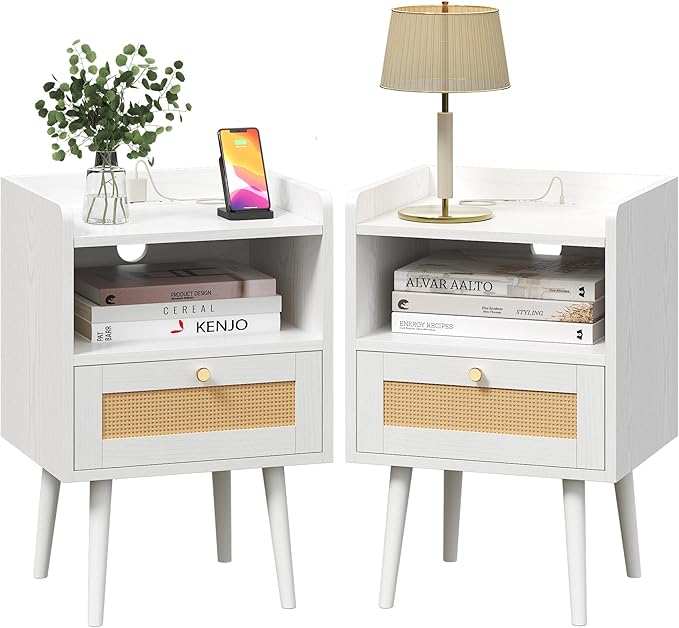 Night stand Set of 2, Bedside Tables with Charging Station, Rattan End Tables, Boho Bed Side Tables, Wood Nightstands set of 2 for Kids' Room Farmhouse Bedroom Living Room Dorm Sofa Couch (black)