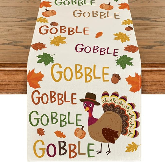 Artoid Mode Gobble Turkey Maple Leaves Thanksgiving Table Runner, Seasonal Fall Harvest Holiday Kitchen Dining Table Decoration for Indoor Outdoor Home Party Decor 13 x 108 Inch