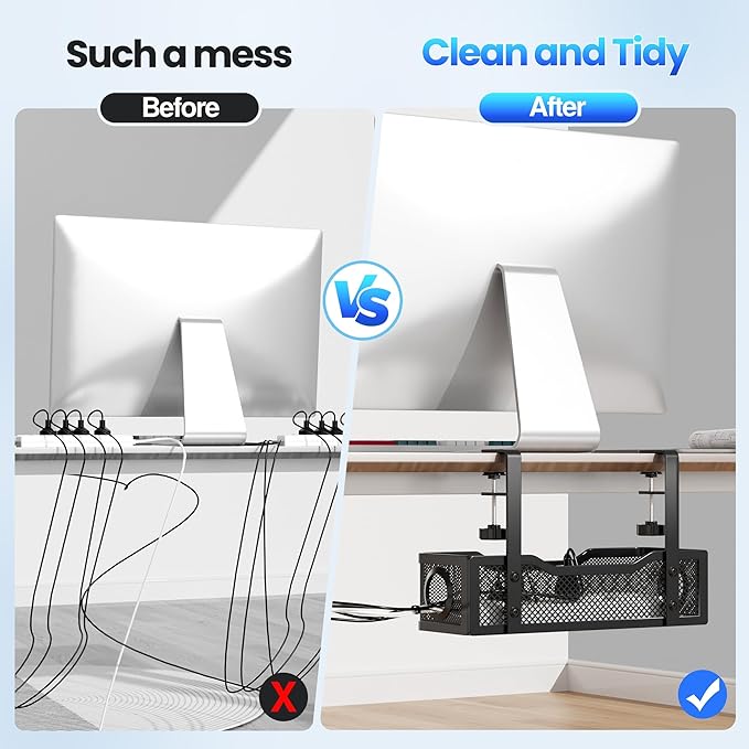 Cable Management Under Desk Tray, No Drill Cable Management Box With Clamp for Wire Organization, Cord Organizer for Office, Home - No Damage to Desk (Black)