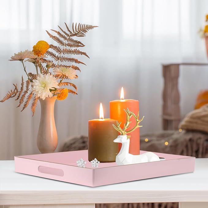 Sturdy Acrylic Serving Tray with Handles-15.7x11.8Inch, Morden Plastic Rectangular Serving Tray for Coffee Table Bathroom, Ottoman, Home Decor (Rectangular - Pink)