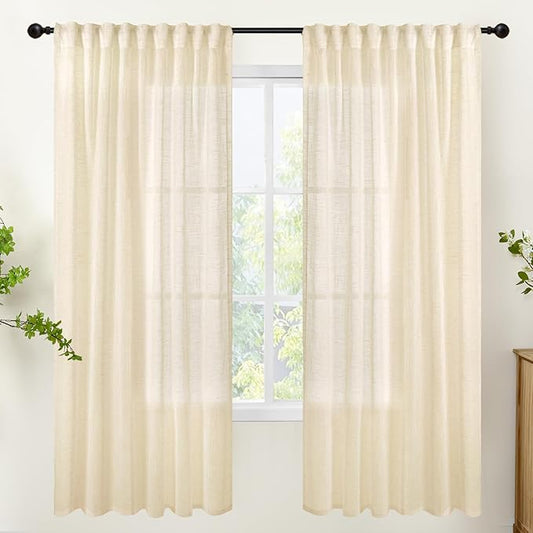 YoungsTex Champagne Linen Semi Sheer Curtains 72 Inch Length for Living Room, Light Filtering Textured Window Treatments Rustic with Rod Pocket Back Tab for Bedroom Dining, 2 Panels, 52 X 72 Inch