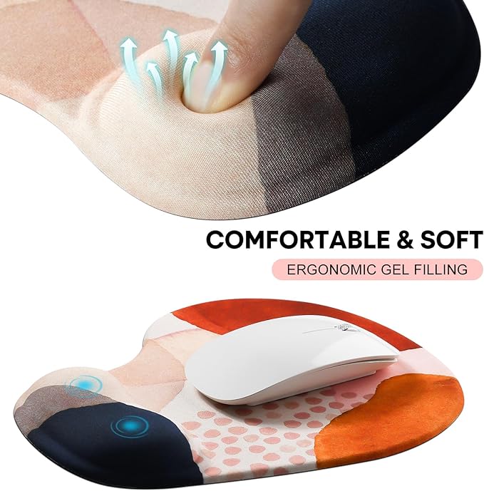 JIKIOU Mouse Pad, 2 Pack Ergonomic Mouse Pads with Comfortable Gel Wrist Rest Support and Smooth Cloth, Non-Slip PU Base for Easy Typing Pain Relief Durable and Easy to Clean Small Boho