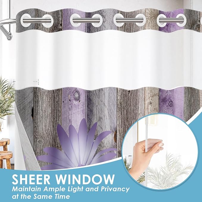 No Hook Rustic Farmhouse Shower Curtain with Snap in Fabric Liner Set, Purple Daisy Flowers and Butterfly on Wooden Double Layers Waterproof with See Through Top Bath Curtain 71x74 Inch