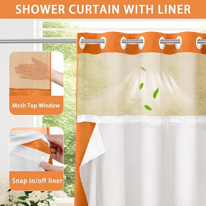 YellyHommy No Hook Shower Curtain with Snap in Liner Set Less Time Waffle Shower Curtain for Bathroom 75" L x 72" W Orange