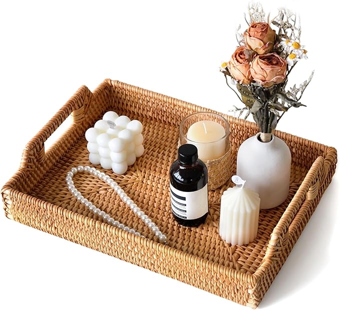 Wicker Tray Rectangle with Handles, Handmade Rattan Natural Woven Tray, Rattan Serving Wicker Trays for Decor Storage, Coffee Table Basket Trays for Breakfast Bread Fruit Snack